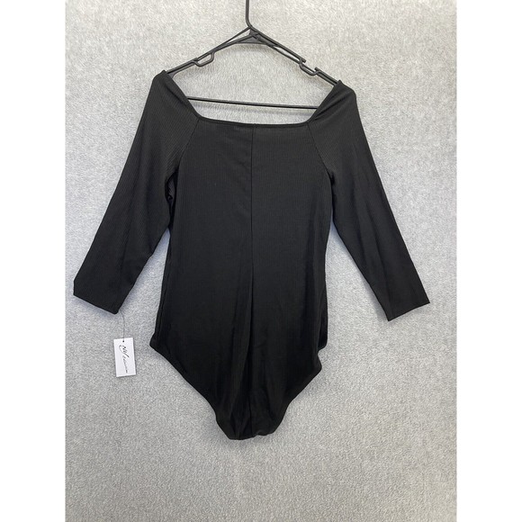 NY Collection Women's Bodysuit Ribbed 3/4 Sleeve Solid Black Medium - Picture 2 of 13